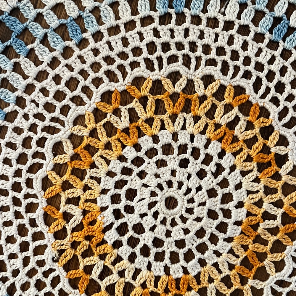 Vintage oversized Crochet 'doily' Round Table Mat in Blue and Yellow